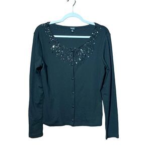 Rafaella Black Cardigan With Black Beads & Sequins Neck Detail Women's Size M